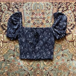 Wilfred Black Floral Puff Sleeve Blouse with Elastic Ruche